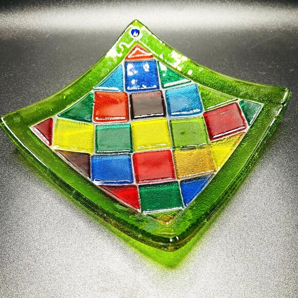 Vibrant Fused Glass Dish Multicolored Squares Unique Artisian Art Glass Signed M - Picture 1 of 10
